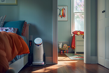 A humanoid ai robot vacuuming a living room. The theme of the evolution of artificial intelligence.