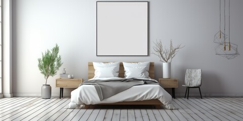 Empty frame hanging on wall in modern bed room