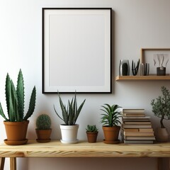 Fototapeta premium Empty frame hanging on wall in modern living room