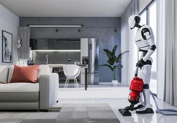 A humanoid ai robot vacuuming a living room. The theme of the evolution of artificial intelligence.