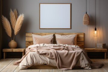 Empty frame hanging on wall in modern bed room