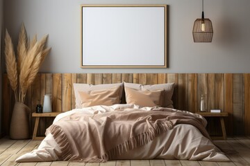 Empty frame hanging on wall in cozy bed room