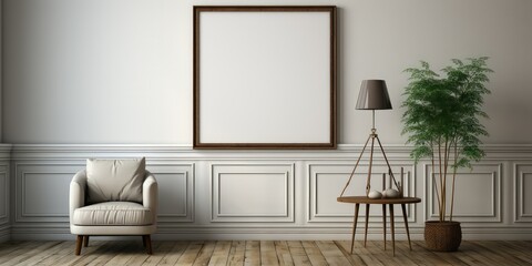 Empty frame hanging on wall in modern living room