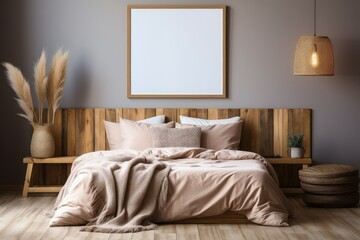 Empty frame hanging on wall in modern bed room