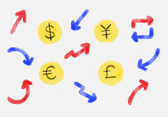 手描きの上下の矢印と色々な通貨記号のお金のイメージイラスト