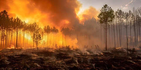 Devastating wildfire ravages pine forest during dry season, highlighting global issues. Concept Wildfire, Pine Forest, Dry Season, Global Issues