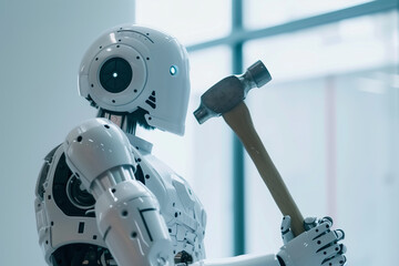 A cyborg AI robot with a white and silver color scheme holds a hammer in a bright living room with a screen on its arm. Theme evolution of artificial intelligence.