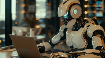 AI humanoid robot sitting at an office desk, typing on a laptop keyboard, symbolizing evolution, technology, and AI training.