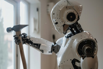 A cyborg AI robot with a white and silver color scheme holds a hammer in a bright living room with a screen on its arm. Theme evolution of artificial intelligence.