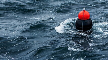A black and red buoy with a turbine beneath the surface extracting energy from the churning waves to create electricity. - Powered by Adobe