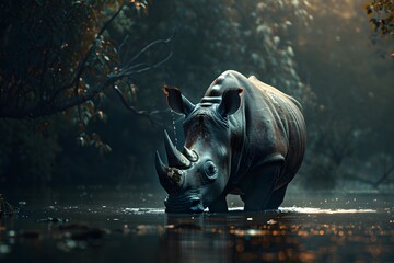 a rhino is drinking water in a river - Powered by Adobe