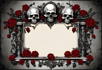 A gothic-themed blank text box with skulls and roses, ideal for dark content, generative AI