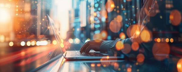 Businessman using laptop computer with global network and connectivity concept on blurred office background, wide banner design