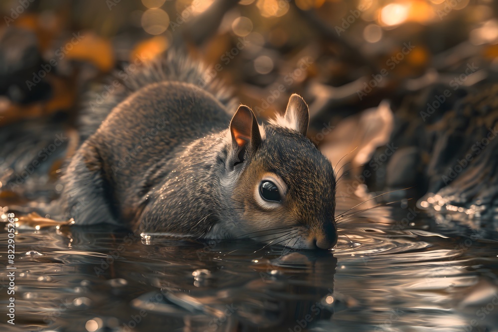 Wall mural a squirrel is drinking water in the river - Wall murals