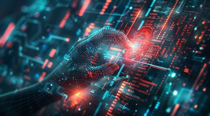 Obraz premium Closeup of finger scan on digital identity, hightech security system background with glowing circuit board patterns and holographic technology symbols.