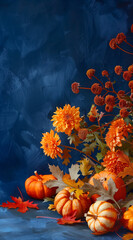 Pumpkins and chrysanthemums with leaves. The theme of the autumn entourage.