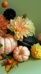 Pumpkins and chrysanthemums with leaves. The theme of the autumn entourage.