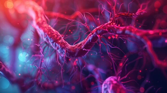 3D illustration of blood vessels inside the muscle. bright colored theme. A biological sample of medical reference