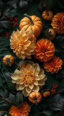 Pumpkins and chrysanthemums with leaves. The theme of the autumn entourage.