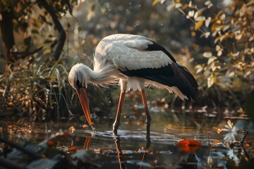 a stork was drinking water in the river