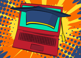 Cartoon Laptop, comic book Notebook with Graduation Hat. Retro vector comics pop art design.