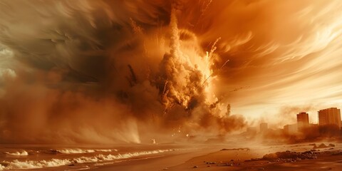 Symbolizing catastrophic consequences: A dystopian stock photo of nuclear explosion aftermath. Concept Nuclear Explosion,Catastrophic Consequences,Dystopian Society,Stock Photo,Apocalyptic Aftermath