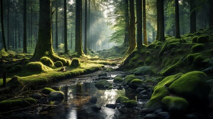 Fototapeta premium Mystical Green Mossy Forest Stream. Generative AI