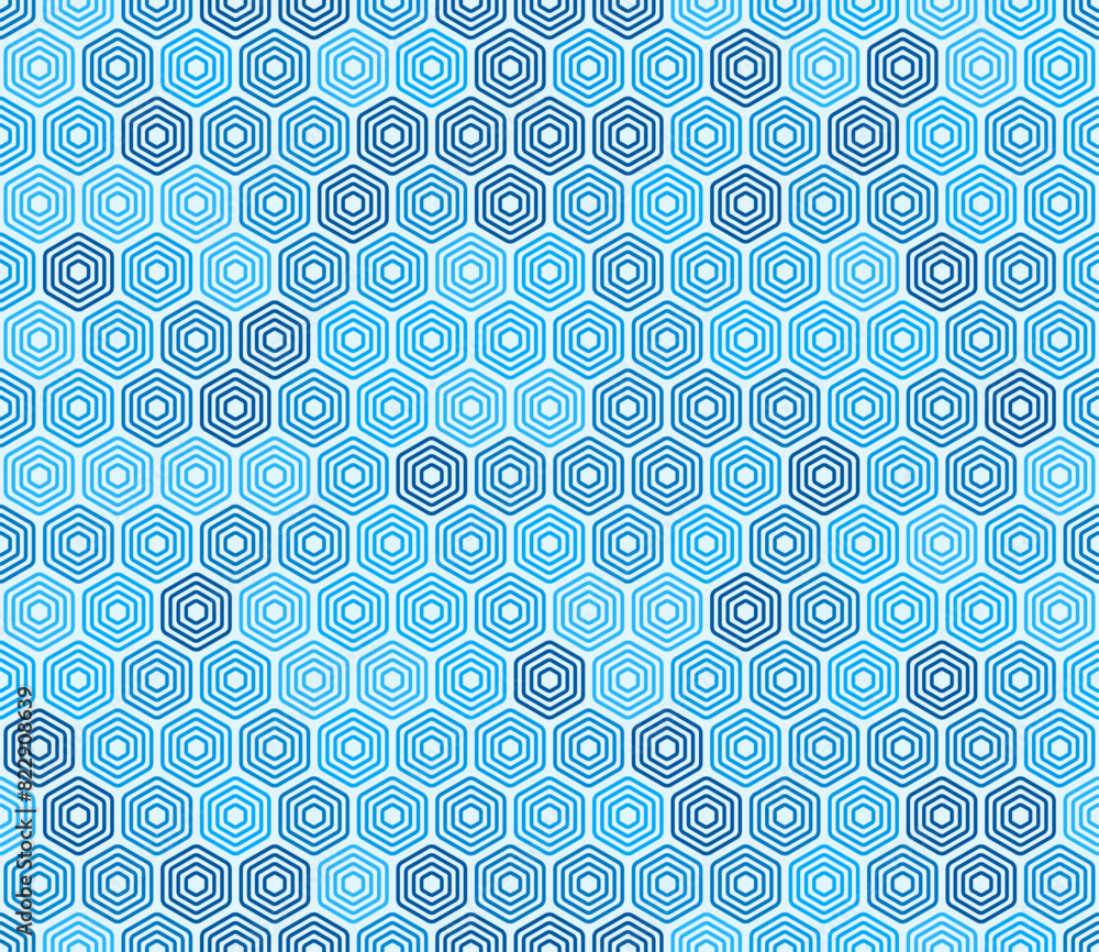 Poster geometric background. bold stacked rounded hexagons mosaic cells. blue color tones. seamless pattern