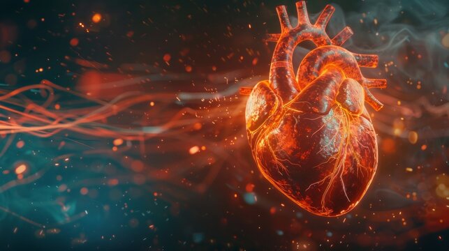 Realistic depiction of a beating heart with electrical impulses traveling through the cardiac conduction system, regulating heartbeat. Cardiology concept. World Blood Donor Day.