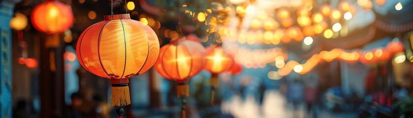 Colorful Chinese lanterns light up the street during a lively night market festival, creating a warm and festive atmosphere.