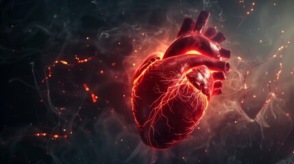 Realistic depiction of a beating heart with electrical impulses traveling through the cardiac conduction system, regulating heartbeat. Cardiology concept. World Blood Donor Day.