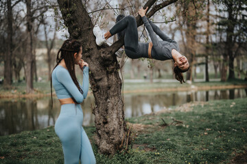 Two athletic women outdoors, with one doing an inverted hang from a tree branch, exhibiting...