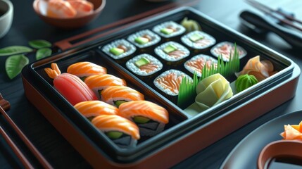 Beautifully plated sushi assortment in a bento box with fresh ingredients, showcasing vibrant colors and traditional Japanese cuisine.