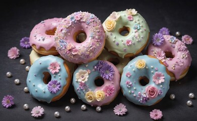 heavily decorated donuts in pastel colors with icing, flowers and pearls. donuts with sprinkles.
