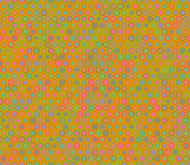 Seamless hexagon pattern. Bold rounded hexagon cells with padding and inner solid cells. Hexagon shapes. Multiple tones color palette. Seamless pattern. Tileable vector illustration.