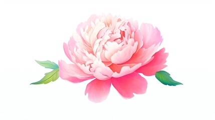 Beautiful pink peony flower with lush petals and green leaves on a white background. Perfect for floral designs and nature-themed artwork.