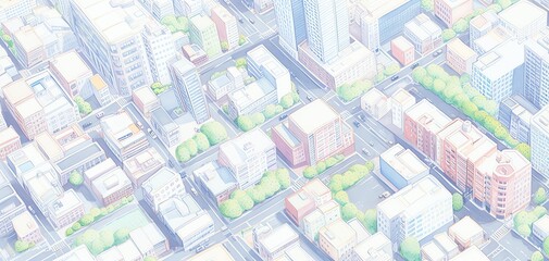 High-angle view of a cityscape with buildings and streets in a soft pastel style, showcasing urban planning and architecture.