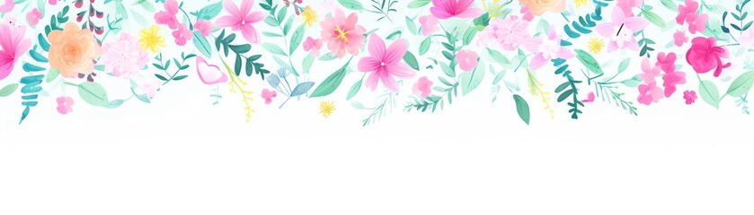 Beautiful watercolor floral background with vibrant spring flowers and foliage in pastel colors, perfect for invitations or stationery design.