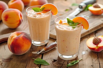 A freshly made peach shake, or smoothie, in glasses on a wooden table. Peaches, a knife, a cutting board, and an ice cream scoop are in the background. Peach shakes are loved in many regions