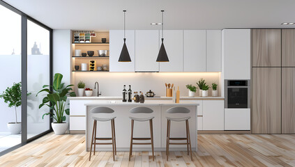 Minimalist interior design of a modern kitchen with white cabinets and a light wood floor featuring an island. Generative AI