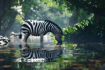 a zebra is drinking in the river