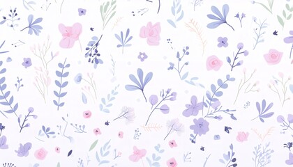 Seamless floral pattern with pastel colors in a delicate design, featuring various flowers and leaves on a light background.