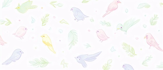 Whimsical pastel bird pattern with delicate feathers on a soft background, perfect for nursery decor or stationery designs.