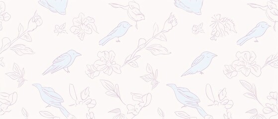 Seamless pattern of hand-drawn birds and foliage in soft pastel colors, ideal for wallpaper, fabric, and stationery designs.