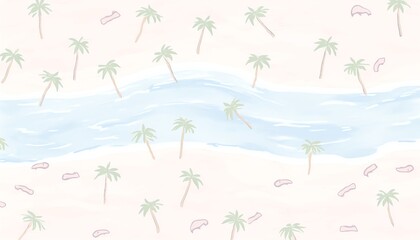 Seamless pastel beach pattern featuring palm trees, flip flops, and waves. Perfect for summer wallpapers and fabrics.