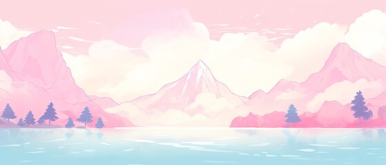 A serene digital painting of a pastel-colored mountain landscape with a tranquil lake and soft clouds.