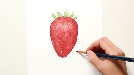 Hand drawing a colorful strawberry on white paper, featuring artistic creativity and precise pencil strokes.