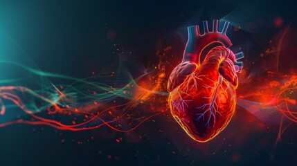 Realistic depiction of a beating heart with electrical impulses traveling through the cardiac conduction system, regulating heartbeat. Cardiology concept. World Blood Donor Day.