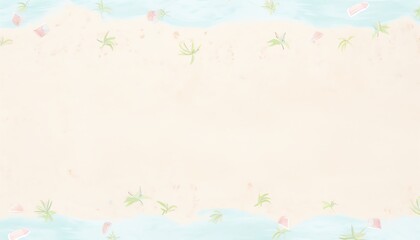 A beach-themed background with sand, blue water, and small illustrations of palm trees and seashells. Ideal for summer and vacation designs.
