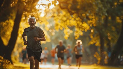 Obraz premium A happy healthy Caucasian senior man is jogging for exercise with his friends at park.